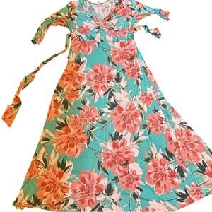 Pink Blue Floral Wrap Maxi Dress Plus Size 3X Stretchy Belted Easter Wedding